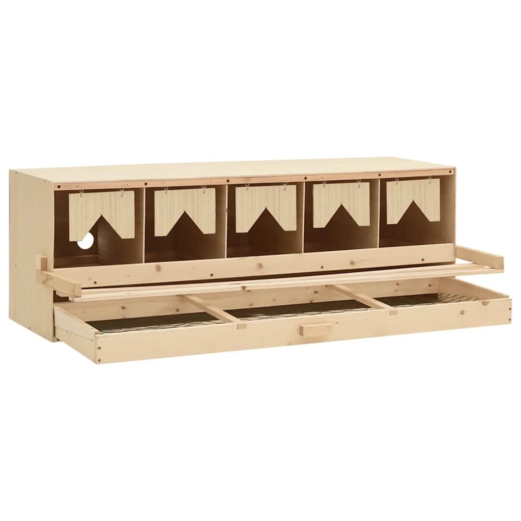 Nido da 5 pezzi, in legno di pino massiccio, 117 x 33 x 38 cm, per galline piccole, 5 scomparti, fondo rimovibile, posatoio pieghevole, marrone naturale per una facile deposizione delle uova