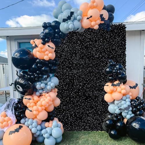 Image of Black Flower Backdrop Artificial Flower Wall Mat 7x4.6ft 3D Silk Hydrangea Floral Wall Panels Decor for Halloween Birthday Wedding Party Event Celebrations Background