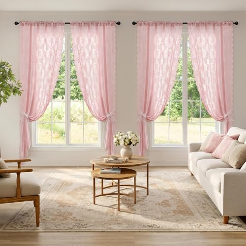 Image of MIULEE Vintage Floral Scalloped Lace Curtains, Light Pink 52 inch W x 36 inch L