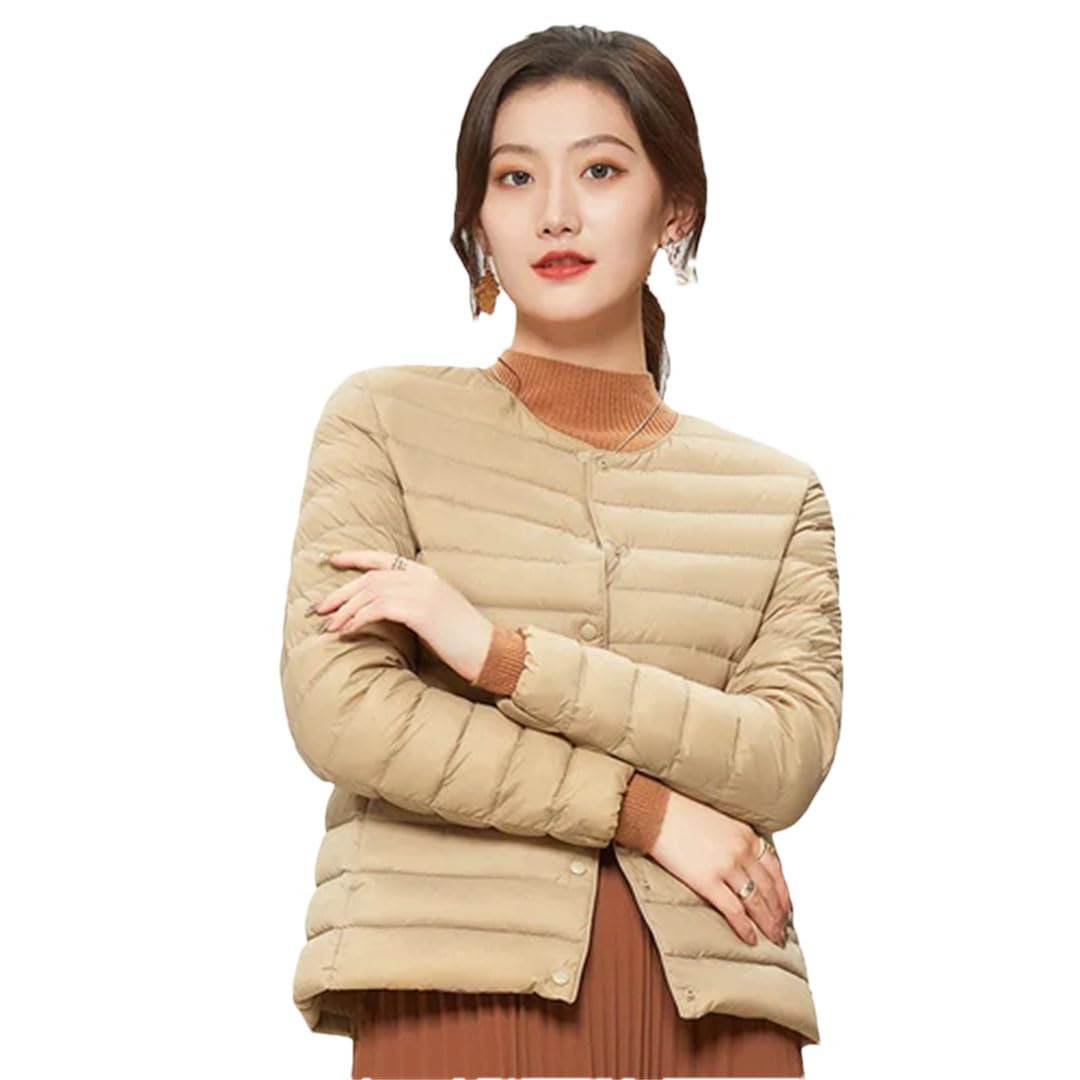 Piumino da donna leggero con fodera calda piumino d'anatra cappotto da ufficio cachi XL, cachi, XL