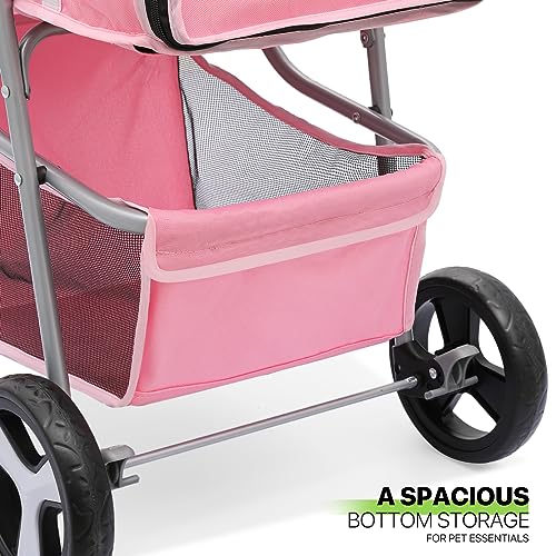 Magshion 3 Wheel Foldable Waterproof Premium Quality Pet Cat Dog Stroller Travel Carrier Light Weight With Storage Basket Cup Holder Zipper Lock, 35Lbs Capacity, Pink #TOP5