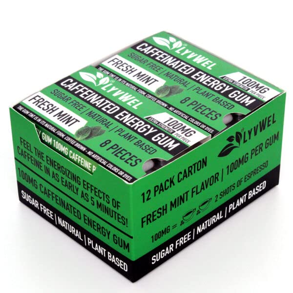 Image of LyvWel Energy Gum | 100mg Caffeine per gem | All Natural | Sugar-Free Pre-Workout Boost: Your Essential Energy Supplement to Stay Awake- Carton 12 pack (Mint- 12 pack)