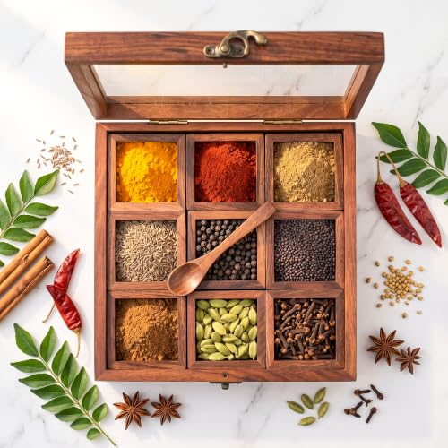 Image of Wooden Spice Box for Kitchen | Sheesham Wood Masala Dabba with 9 Containers | Spice Organizer with Glass Lid, Safety Lock & Wooden Spoon | Masala Dani /Namak Dani Storage Box for Home & Kitchen