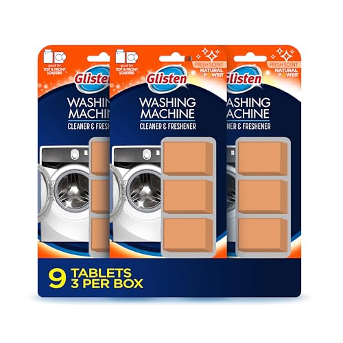 Glisten Washing Machine Cleaner and Freshener Deodorizer for All Top Load and Front Load Washers and HE Machines Made in the USA Fresh Scent 9 Tablets