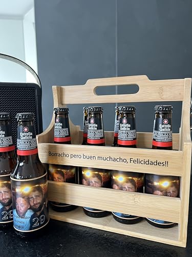Uvimark - Set de 8 Cervezas Personalizadas con Caja de Madera y Abridor, Cervezas con Foto para Regalar, Eventos, Bodas, Cumpleaños, Aniversario, Día del Padre, Regalo Original
