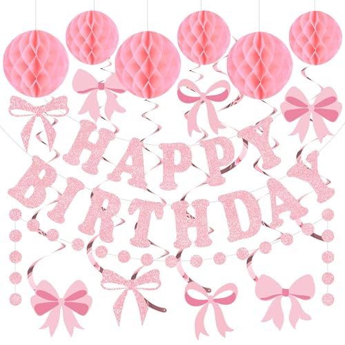 Image of Pink Bow Birthday Party Decorations Pink Glittery Happy Birthday Banner Garland Bow Hanging Swirls and Honeycomb Balls Coquette Birthdays Decor for Women Girls Birthdays Party Supplies