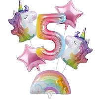 Unicorn Birthday Decorations for Girls– Rainbow Unicorn Balloon Bouquet with Number 5 Foil Balloon 5th Birthday Party Supplies
