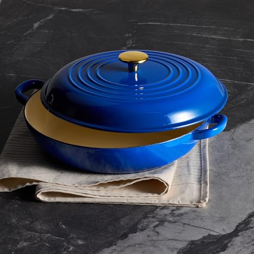Image of CAROTE 3.4QT Enameled Cast Iron Braiser Pan, Shallow Dutch Oven Casserole Skillets, Non-Toxic Cast Iron Pot with Lid for Grilling, Searing, Baking, Dual Handles, All Stovetop Compatible, Blue