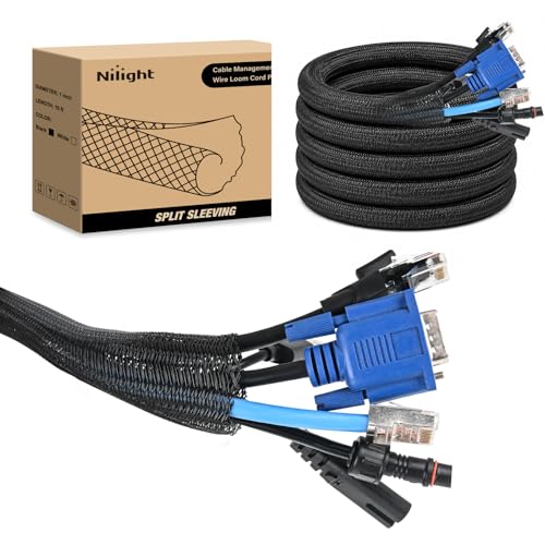 Image of Nilight Cable Sleeve, 10ft-1inch Cord Management Sleeves Black Wire Loom | Braided Sleeving, Split Self Wrapping Wire Loom for Computer Electrical Automotive Harness Protector Organizer, Black