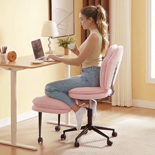 Pinmoco Ergonomic Cross Legged Office Chair for ADHD Kneeling Chair with 360 Swivel Wheels and Reversible Seating for Meditation Adjustable Height and Seat Deapth Teddy Fabric Pink