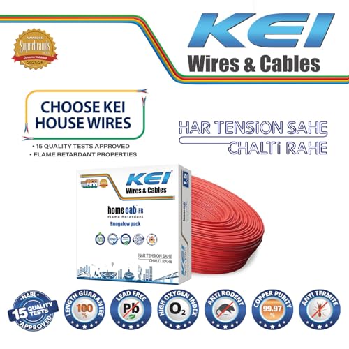 Image of KEI WIRES & CABLES Homecab 1.5 sqmm 1 Core 99.97% Pure Copper Conductor Flame Retardant House Wire PVC Insulated Cable for Domestic & Industrial Electrical Wiring (Red, 180 Meters)