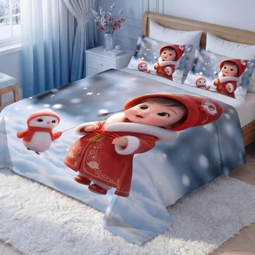 Image of 7D Fairy Tale Snow Baby Collection Double Bedsheet 90x100 inch with 2 Pillow Covers | Good Stitching, Soft Fabric & Vibrant 7D Digital Print for Kids & Couples (Red Blue)