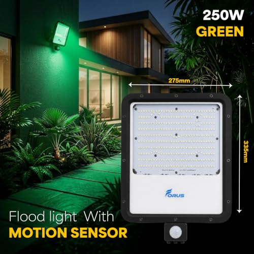 Image of Forus 250W LED Flood Light Green with Motion Sensor Auto On Off Day Night Mode Waterproof Outdoor Security Light for Garden Parking Garage Factory Backyard Shop High Bright Floodlight 4Yr Warranty-1Pc