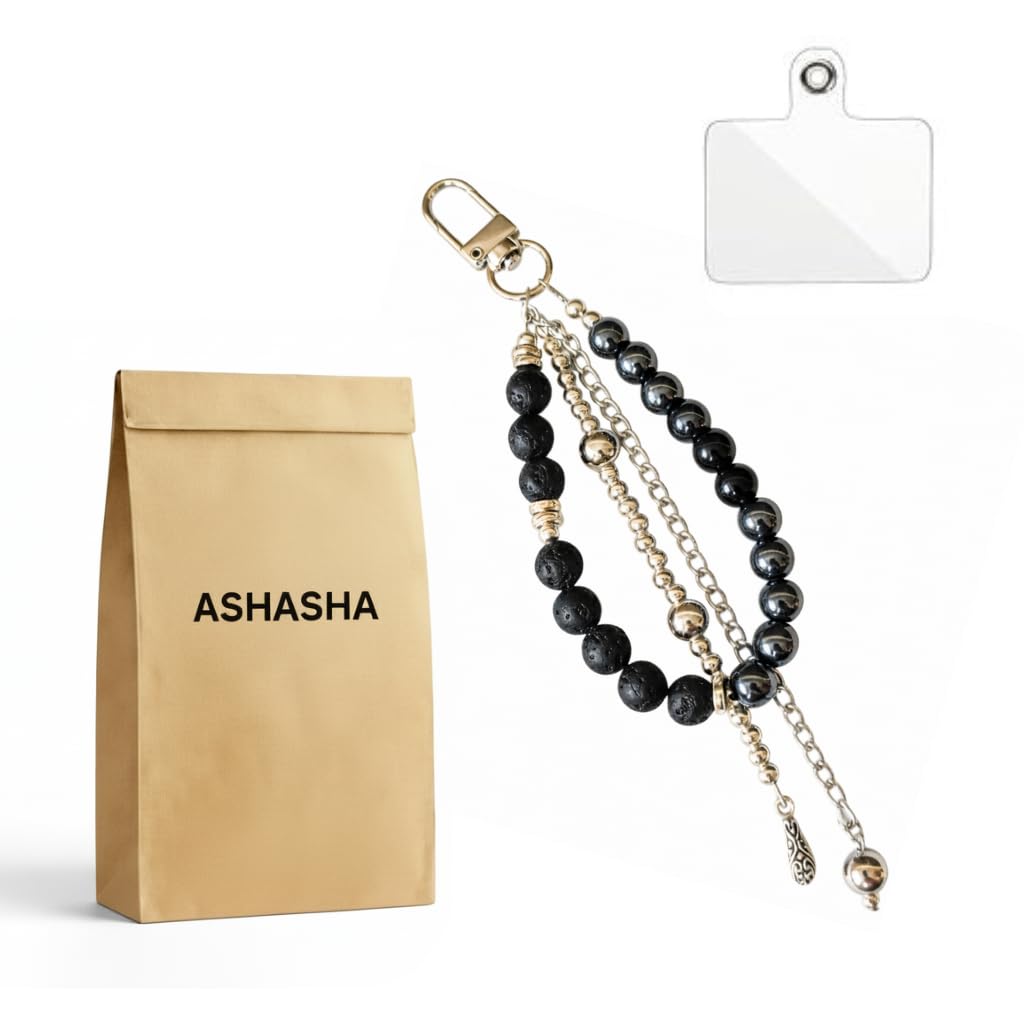 Beaded Phone Charm Strap With Metal Chain, Stylish Black Lava Stone & Polished Silver-Tone | Detachable Wristlet Bracelet Anti-Lost Phone Case for Bag & Keys | Girl Women's-image-14