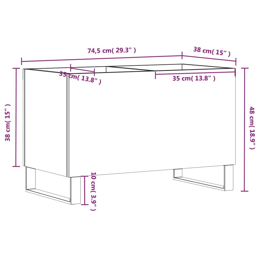 Armadio per dischi in legno grigio cemento con gambe in ferro, 74,5 x 38 x 48 cm, spazioso scaffale in vinile per dischi LP e stabile spazio per giradischi e dispositivi HiFi
