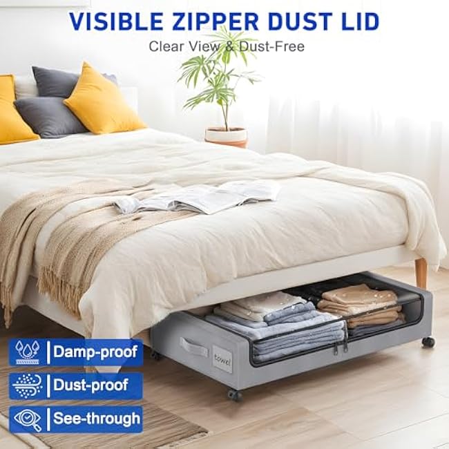 Beborxue Under Bed Storage with Wheels, 4-Pack Under Bed Storage Containers with Clear Lids, XXL 60L Under the bed storage Organizer Bins, Rolling Under Bed Metal Drawer for Clothes,Shoes,Toys (Gray)