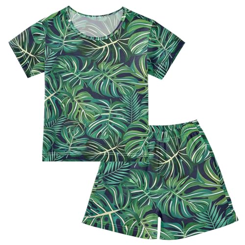 ALAZA Tropical Palm Leaf Pajamas Short Sleeve 2 Piece Sleepwear Top and Bottom Pajama Set Unisex