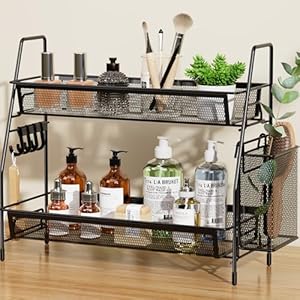 VITVITI 2-Tier Bathroom Organizer Countertop, Metal Wire Mesh Bathroom Counter Organizer Storage with Basket Hooks, Vanity Tray Shelf, Kitchen Spice Rack, Black