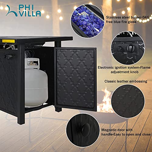 Phi Villa Gas Fire Pit Table, 45 Inch Large Long Rectangular Outdoor Patio Propane 50000 Btu Fire Table With Lid And Blue Fire Glass, Black #TOP1