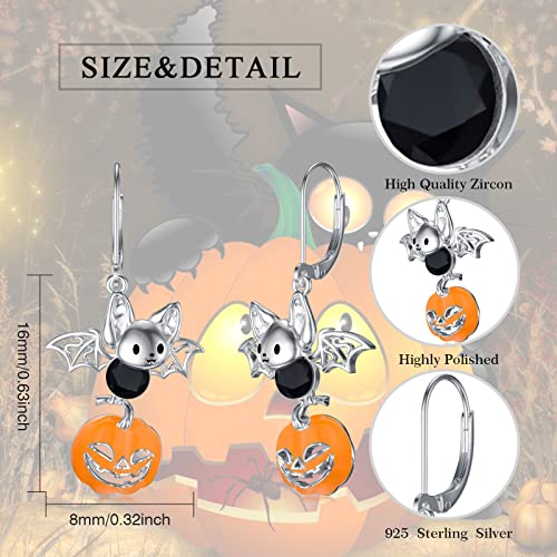 Dorunmo Halloween Earrings for Women 925 Sterling Silver Pumpkin Bat Black Cat Leverback Dangle Earrings Hypoallergenic Halloween Jewelry Gifts for Her2
