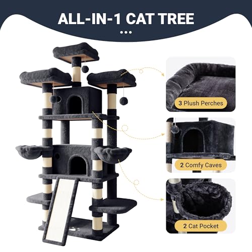 Image of Allewie 82 Inches Large Cat Tree /House /XXL Tall Cat Towers for Big Feline /Scratching Post /Multi-Level Large Kitty Climbing Tree with Condo /Smokey Grey