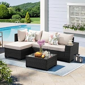 Patio Furniture Set 5 Pieces All Weather Patio Conversation Sets Wicker PE Rattan Outdoor Sectional Couch Sofa Set with Cushion Ottoman & Coffee Table for Garden, Backyard, Poolside Beige