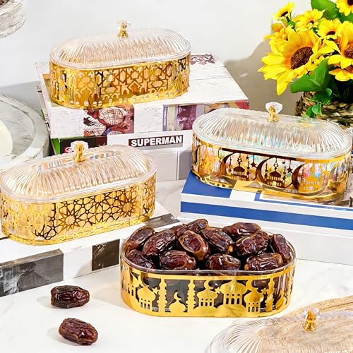 BruinBang 4 Pcs Ramadan Dates Holder Golden Vintage Platter Metal Eid Al-fitr Dessert Plate Serving Dish Trays with Lid Acrylic Clear Dome Lid Embossed Patterns for Ramadan Party Table Decoration