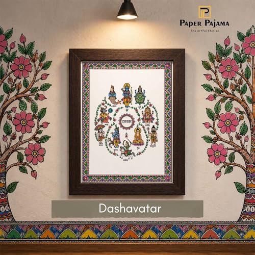 Image of PAPER PAJAMA Dashavatara Wall Art for Pooja Room | Madhubani Dasavatar Painting | Traditional Hindu Mythology Folk Art Framed Decor for Home, Temple & Office (10x13 Inches)