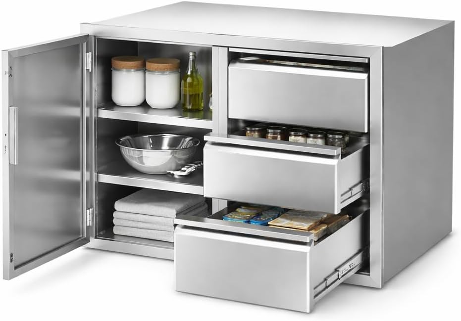 28" W x 22" H x 19.1" D Stainless Steel Drawer Combo, Left Access Door Built-in Outdoor Kitchen Drawers, Durable Outdoor Kitchen Cabinets for Outdoor Grill & BBQ Island