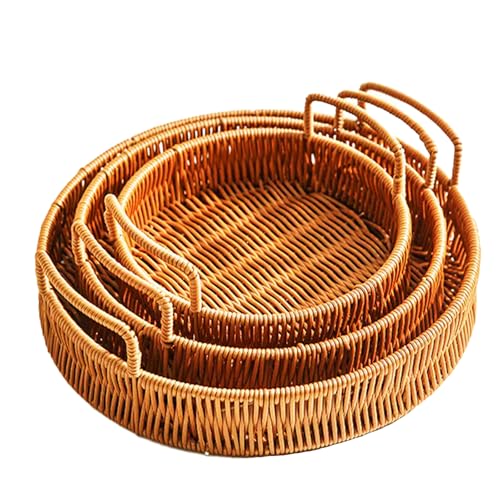Set of 3 Handwoven Rattan Baskets, Woven Bread Basket & Fruit Bowl for Kitchen Counter, Decorative Tray for Serving Snacks, Pastries & Table Centerpiece