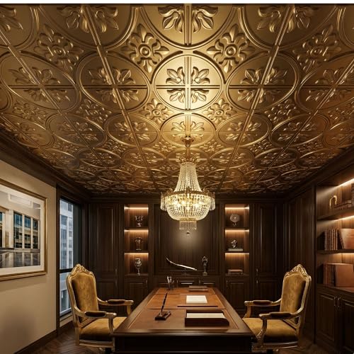 Image of Kayra Decor Modern 3D PVC Ceiling Medallion Panels - 2x2 Feet Decorative Ceiling Tiles (Pack of 50) - Lightweight DIY False Ceiling Design for Living Room & Bedroom - Champagne Gold