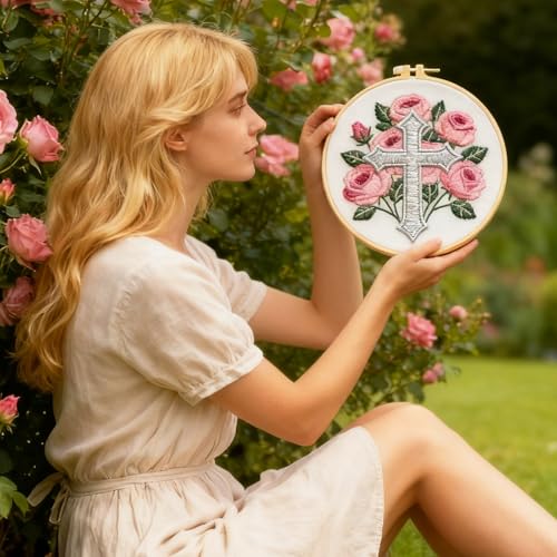 Image of BEUNITONE 4Set Cross and Flowers Pattern Embroidery Kit for Adult Beginners | DIY Cross Stitch Kits, Complete Needlepoint Kits for Adults, Handmade Embroidery for Gifts, Fabric and Home Decor 20x20cm