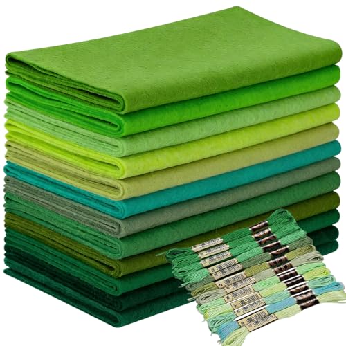 Wonninek 12Rolls Green Soft Felt Sheets for Sewing 1.4mm Thick Green Series Felt Fabrics Pack with Embroidery Thread DIY Craft Sewing Nonwoven Patchwork - 20.5 x 90cm