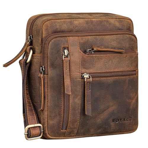 ROYALZ Indianapolis Vintage Leder Umhängetasche Herren Klein Ledertasche Männer Tasche Schultertasche Echtleder Männerhandtasche zum Umhängen Herrentasche Büffel-Leder Farbe:Nevada braun
