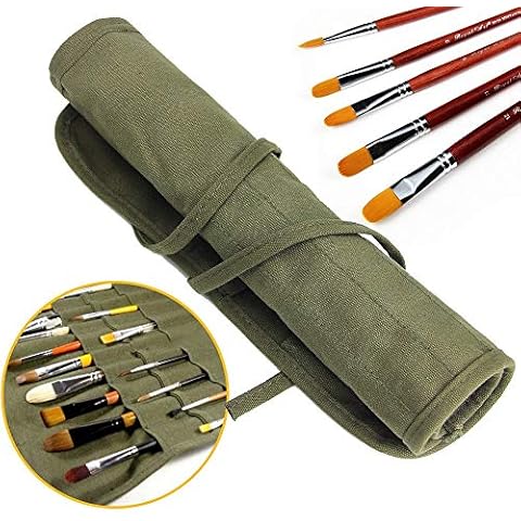 JTDEAL Paint Brush Holder, 22 Slots Paint Brush Storage for Acrylic Oil Watercolor Gouache Artist Paint Brush Roll Canvas Pouch, Silver white Holds 100 brushes Cover
