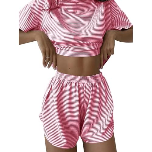 Kistore Summer 2 Piece Pajamas Sets Short Sleeve Sleepwear Pjs Lounge Split Short Sets A-red White Striped Large