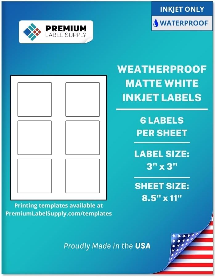 Premium Label Supply Waterproof Matte White Sticker Square Labels – 3" x 3" – Inkjet Printers Only – (6 per Sheet), 100 Sheets - 600 Total Adhesive Labels