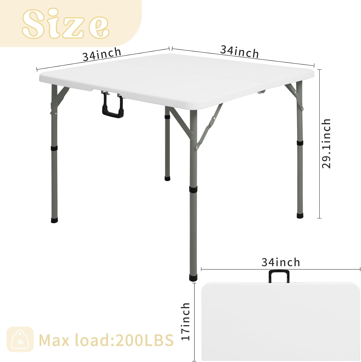 Set of 2 Square Folding Table 34in Multi-Functional Portable Folding Card Table with Carrying Handle for Indoor Outdoor Camping,Picnic, Office, Party Use HDPE Plastic Tabletop with Metal Frame(White)