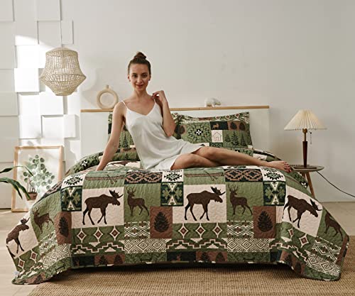 Lodge Bedding Set Full/Queen Size Rustic Cabin Quilts Moose Bear Bedspread Cottage Coverlet Soft Lightweight All Season Country Bed Set, 1 Quilt 2 Pillow Shams #TOP1