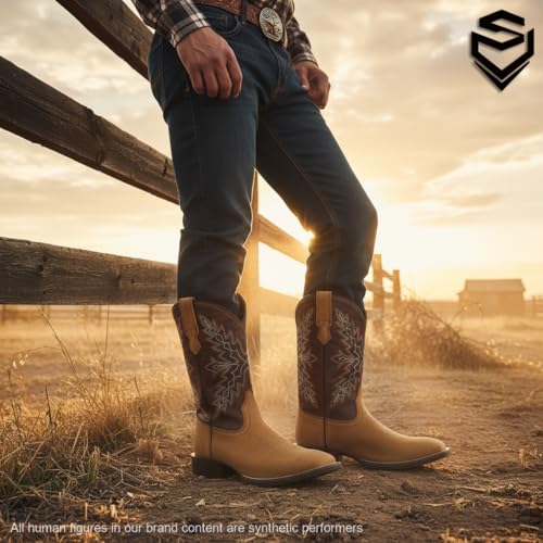 Image of SUREWAY Cowboy Boots For Men - Mens Square Toe Western Boot,Oil /Slip Resistant,Durable Fashionable Classic Pull on 10 Inch Boots Mid Calf Wellington Boots