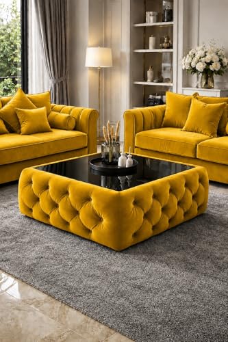 Image of Premium Tufted Upholstered Coffee Table with Mica Top - Modern Square Ottoman Center Table, Soft Velvet Finish, Luxury Living Room Furniture - 30 x 30 x 18 Inch (Yellow)