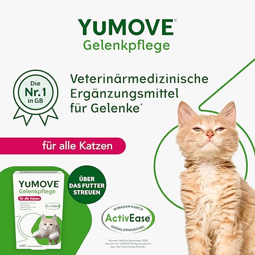 YuMOVE Grünlippmuschel Katze Gelenkkapseln - 60 Kapseln - Für Katzen ab 8 Wochen - Beweglichkeit und Gelenkkomfort - Mit Grünlippmuschelextrakt und Gelenk-Komplex Katze für aktive Unterstützung