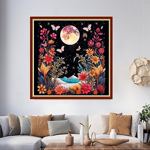 Image of Foxhool Beginners Cross Stitch Kits Stamped Full Range of Embroidery Kits for Adults DIY Cross Stitches kit Embroidery Patterns for Needlepoint kit-Colorful Flower Moon 17.7x17.7 inch