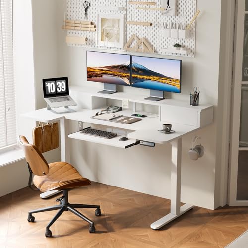 Image of OffiGo U Shaped Electric Standing Desk with Drawers, 55 Inch Height Adjustable Desk with Keyboard Tray & Ergonomic Monitor Stand, Sit Stand Table with Power Outlets for Home, Office, White