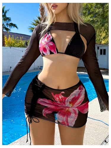 Women's 4 Piece Swimsuit Floral Triangle Halter Bikini Sets with Mesh Cover Up Beachwear3