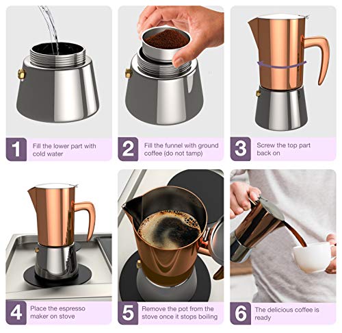 bonVIVO Intenca Stovetop Espresso Maker - Luxurious Italian Coffee Machine Maker, Stainless Steel Espresso Maker Full Bodied Coffee, Espresso Pot For 3-4 Cups, 6.8 oz Moka Pot Copper Chrome Finish