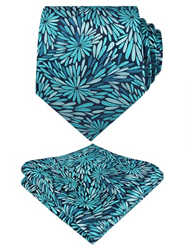Alizeal Cravate florale décontractée et carré de poche pour homme, 141-Turquoise + Bleu sarcelle, taille unique