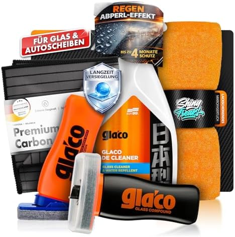 Soft99 Glaco De Cleaner 500ml Glass Compound Roll On 100ml DX 110ml Set | Mit Carbon Fiber Glastuch & Mikrofasertuch – reinigen, polieren und versiegeln für ein klares Scheiben-Fin