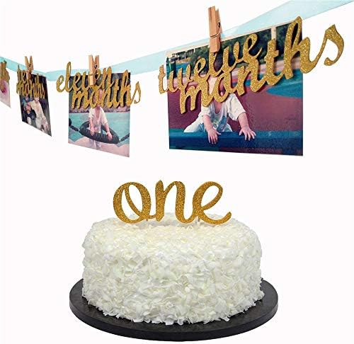 MAGQOO First Happy Birthday Decorations Kit-Party Supplies Kit, ONE Cake Topper,Newborn to 12 Months Photo Banner,for Baby Shower Birthday Party （Blue）