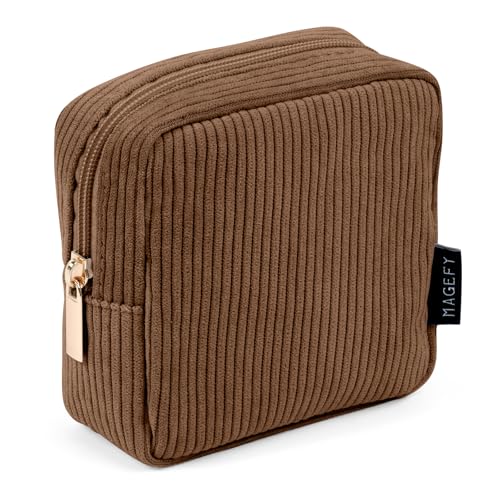 MAGEFY Mini Makeup Tasche Cute Makeup Pouch Kleine Kosmetiktasche für Frauen Mädchen Reise Make up Tasche mit Fächern(Braun)